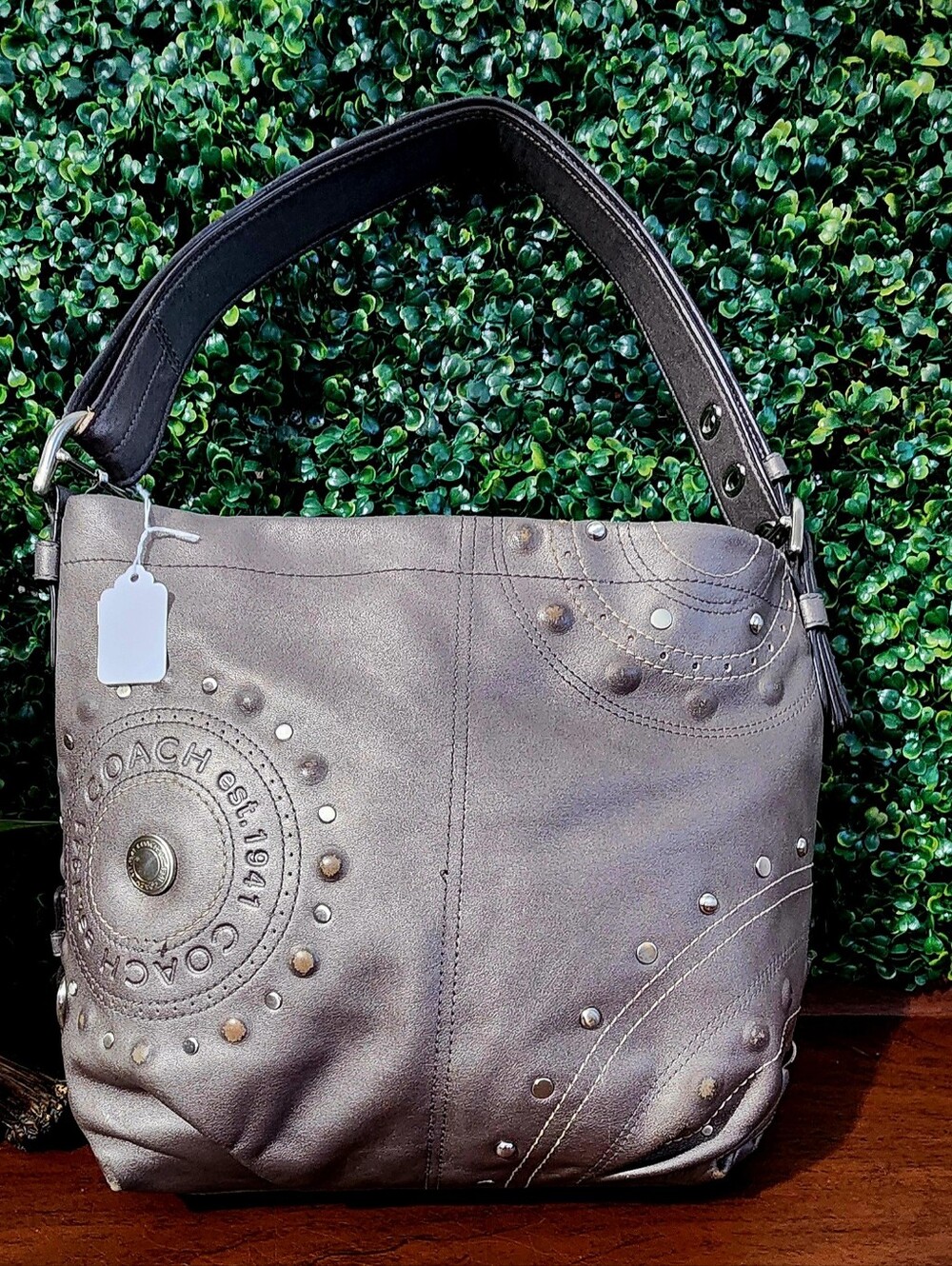 Coach Pebbled Leather Studded Hobo Bag in Taupe